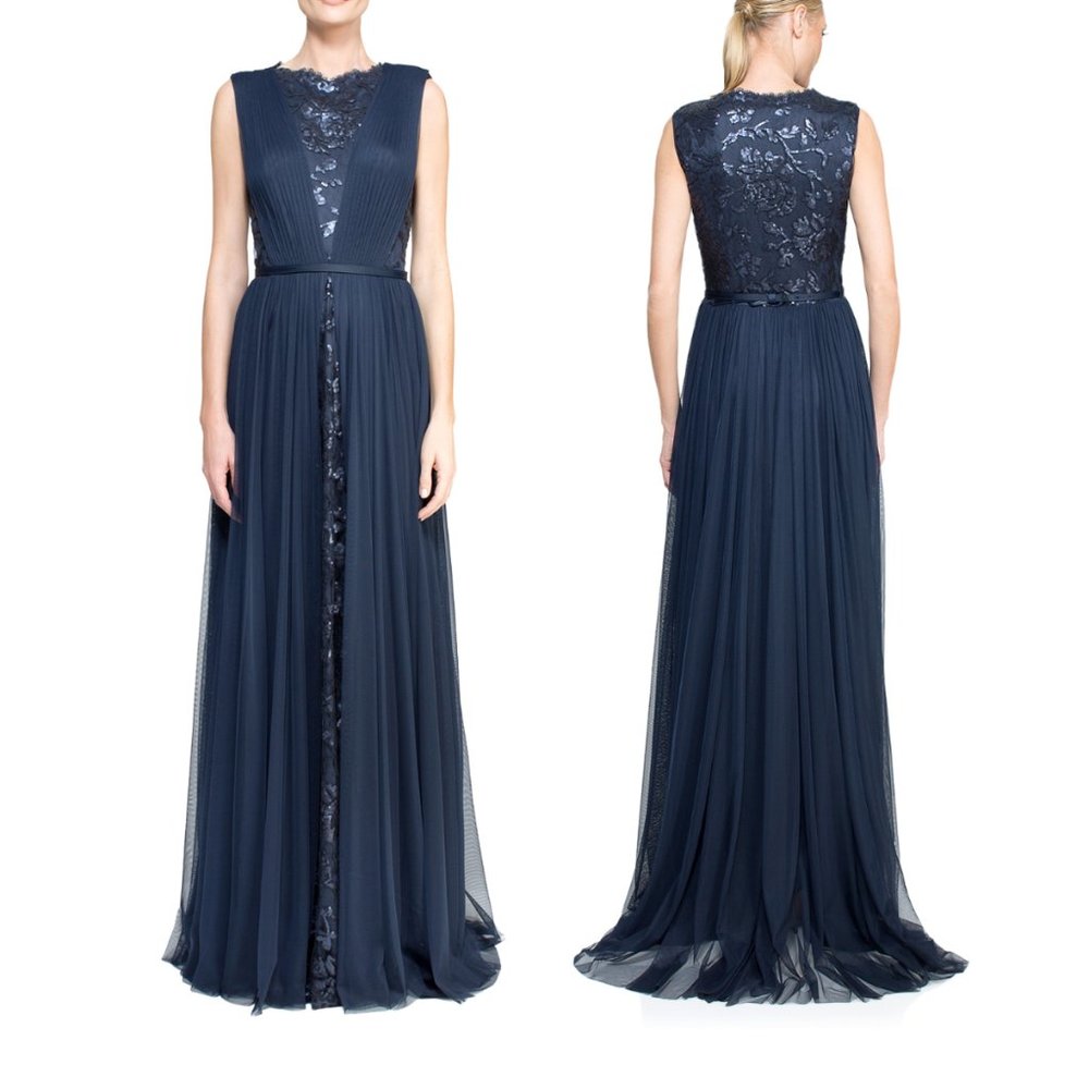 Tadashi Shoji Navy  Gown Maxi Dress Tulle with Sequin Lace and V-Neck, Size 16